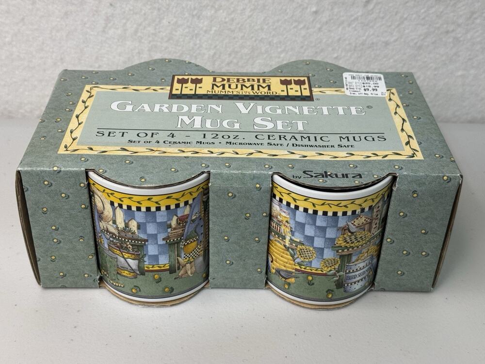 Debbie Mumm Stoneware Coffee Mugs Set of 4 Garden Vignette 1999 Sakura Birds Cat